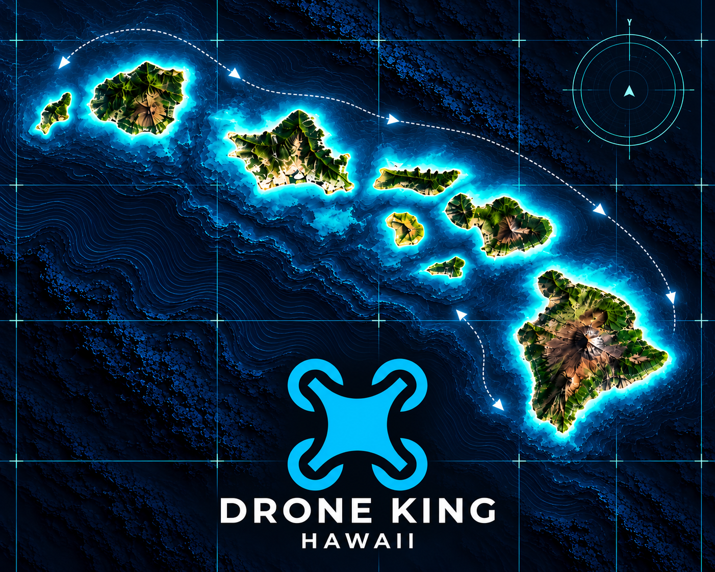 Hawaiian Island Chain with the Drone King Hawaii logo